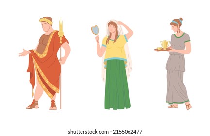 Roman citizens in traditional clothing set cartoon vector illustration on white background