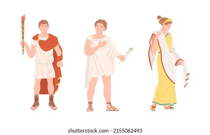 Roman citizens in traditional clothing set. Ancient Rome citizen characters in white tunic and sandals cartoon vector illustration