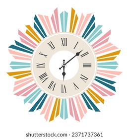 Die römische Uhr ist mit farbigen Details dekoriert, um eine Blume zu bilden. Das Zifferblatt ist einzeln auf weißem Hintergrund. Vektorgrafik.