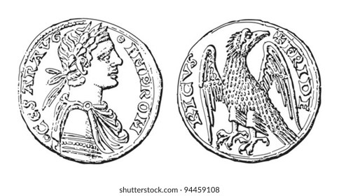 Roman coin Augustale - Frederick II (1215-1250) / vintage illustration from Meyers Konversations-Lexikon 1897