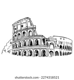 Roman Coliseum. Drawing with black lines, marker, line art. Vector illustration