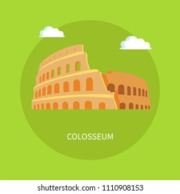 Roman Coliseum ruins in ancient architecture style. Famous historical world attraction. Popular landmark from Italy isolated flat vector in circle