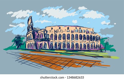 Roman Coliseum. Sight in Rome, Italy. Hand drawn color vector sketch.