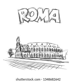 Roman Coliseum. Sight in Rome, Italy. Hand drawn vector sketch with Roma headline text.