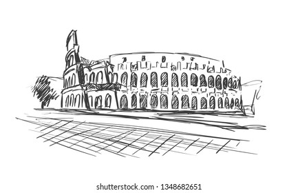 Roman Coliseum. Sight in Rome, Italy. Hand drawn vector sketch.