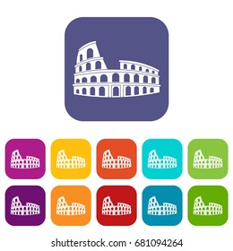 Roman Colosseum icons set vector illustration in flat style in colors red, blue, green, and other