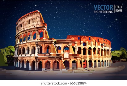 Roman Colosseum. Rome, Italy, Europe. Travel. Architecture and landmark. Starry sky. Night. Vector illustration.