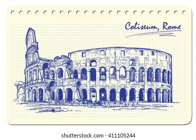 Roman Colosseum. Sketch imitating ink pen scribbling in a notepad. Sketch is isolated on a separate layer. EPS10 vector illustration.