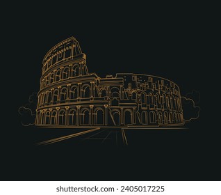 Coliseo romano. Línea dorada de ilustración vectorial. Viaja a Roma con carteles, tarjetas de felicitación o impresos con letras caligráficas hechas a mano.