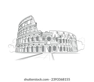 Roman Colosseum. Vector sketch illustration of Colosseum on colorful watercolor background. Travel to Rome poster, greeting card or print with hand drawn calligraphy lettering.