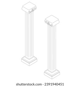 Roman column contour. Illustration on white background for design. Classical column architecture element. Logo concept for construct. Vector Art of Classic Architecture. Isometric view.