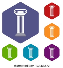 Roman column icons set rhombus in different colors isolated on white background