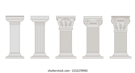 Roman column set, Greek pillar Ancient architecture, Greece Antique Doric, Ionic, Corinthian columns. Vector