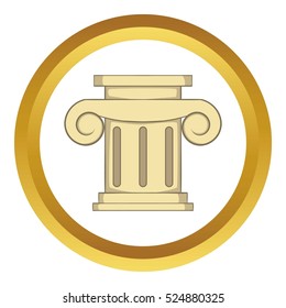 Roman column vector icon in golden circle, cartoon style isolated on white background