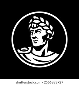 Roman commander with a wreath on his head on a dark background.