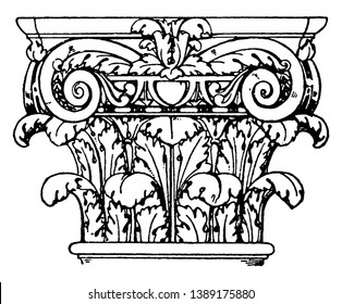 Roman Composite Capital, a fusion of the ionic, corinthian capitals, Category Ancient Rome Style Period, vintage line drawing or engraving illustration.