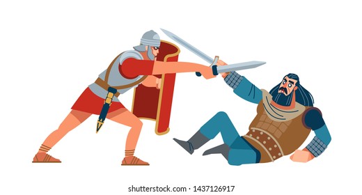 Roman conquest of Britain. Roman soldiers fighting with the inhabitants of the Celtic tribes. Ancient historical battle. Vector illustration on white isolated background.