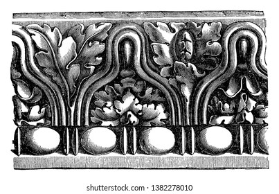 Roman Cornice, Ornamented Cornice with Pearl Beading, the massive character of Roman architecture,  more copious itself, vintage line drawing or engraving illustration.