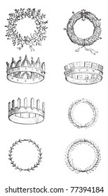 Roman Crowns, vintage engraving. Old engraved illustration of different kinds of Roman Crowns. Trousset Encyclopedia