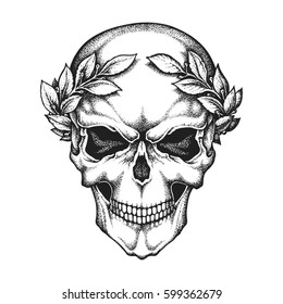 Roman emperor skull wearing laurel wreath. Hand drawn vector illustration