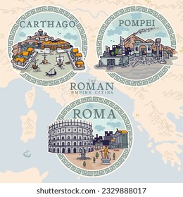 Roman Empire cities hand draw emblem icons, Roma, Athen, Ephesus