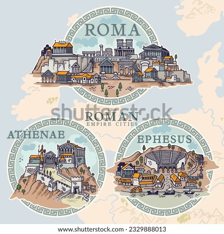 Roman Empire cities hand draw emblem icons, Carthago, Pompei, Roma