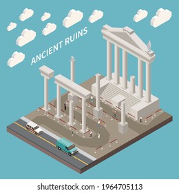 Roman empire composition with ancient ruins symbols isometric vector illustration