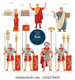 Roman Empire. Elements Of The Roman Empire Set With The Legionaries Shield, Sword, Emperor, Policy, Female, Warriors, Soldiers, Caesar, The Pantheon, The Colosseum Isolated Vector Flat Illustration