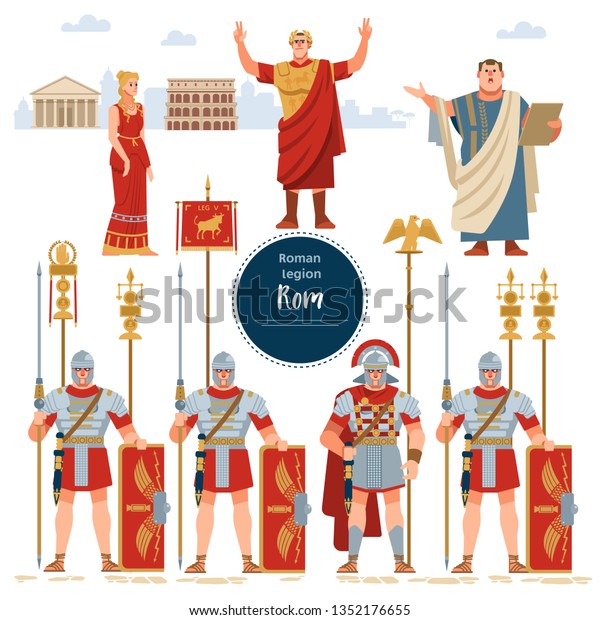 Roman Empire. Elements of the Roman Empire\
set with the legionaries shield, sword, Emperor, policy, female,\
warriors, soldiers, Caesar, the Pantheon, the Colosseum isolated\
vector flat illustration