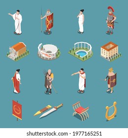 Roman empire icons set with military uniform and architecture symbols isometric isolated vector illustration