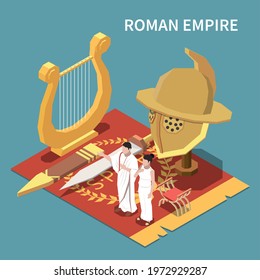 Roman empire isometric concept with civilization and culture symbols vector illustration