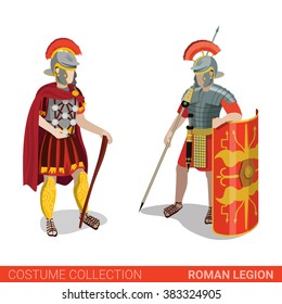 Roman empire legion warrior legionary infantry couple. Flat 3d isometric web site vector illustration. People in traditional costume collection.