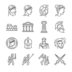 Römisches Reich-Symbol-Set. Einschließlich Der Symbole Als Soldat, Kolumne, Kolosseum, Heiligtum, Kaiser Und Mehr.