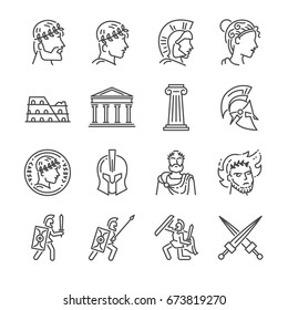 Roman empire line icon set. Included the icons as soldier, column, coliseum, sanctuary, emperor and more.