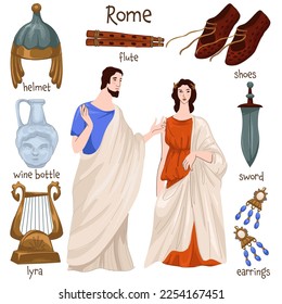 Roman empire people and furniture, clothes and personal belonging. Isolated man and woman in robes, lyra and shoes, helmet and flute, earrings and sword for battles and fights. Vector in flat style