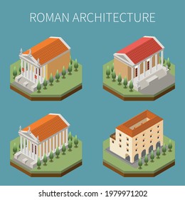 Roman empire set with architecture symbols isometric isolated vector illustration
