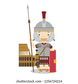 Roman Empire soldier cartoon character with The Colisseum. Vector Illustration. Kids History Collection.