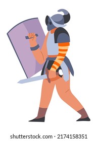 Roman empire soldier, isolated male character wearing uniform of soldier holding shield for protection and sword for attack. Strong gladiator or warrior in competition or war. Vector in flat style
