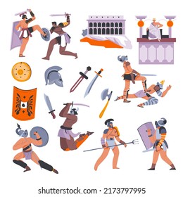 Roman empire traditions and entertainment. Isolated gladiators with armor and swords, shields and helmets. Fight of noble men, male personages in battle tournament on stage. Vector in flat style