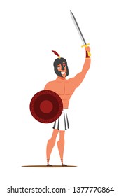 Roman Empire warrior flat character. Guy wearing ancient clothes, costume isolated clipart. Man holding sword and shield. Drama play actor design element. Performer, gladiator vector illustration