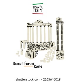 Roman Forum Italy Landmark Hand Drawn Color Illustration