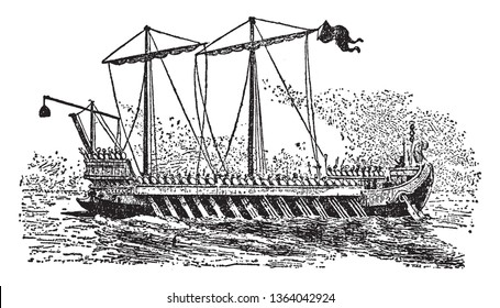 Roman galley is a type of ship that is propelled mainly by rowing, vintage line drawing or engraving illustration.