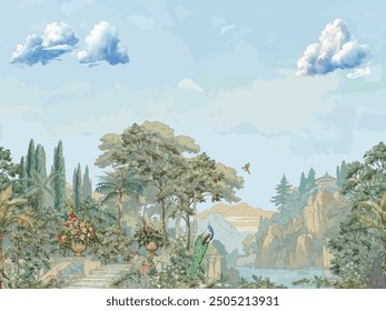 Roman garden with mountain, lake, cloud, peacock, bird, flower vase, plant illustration for wallpaper pattern