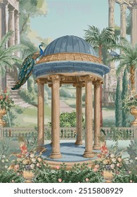 Roman garden with temple dome, peacock, palm tree, flower vase, seamless pattern illustration