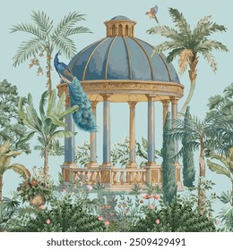 Roman garden with temple, peacock, flower vase, plant seamless pattern