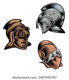 Roman gladiator armour helmets set  vector illustration