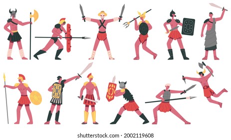 Roman gladiator characters. Ancient roman warlike gladiators, martial greek fighters cartoon isolated vector illustration set. Armed fighting warriors, armor warrior rome with sword and shield