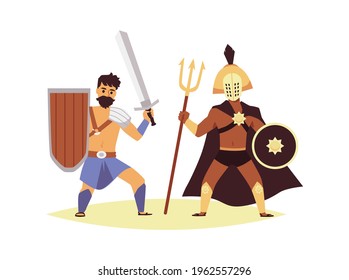 Roman gladiator fight - two men in historic warrior costume fighting to the death with ancient weapons isolated on white background. Vector illustration of fighters.