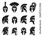 Roman gladiator helmet set. Collection of black silhouettes of ancient headgear of Spartan warriors or soldiers isolated on white background. Vector illustration isolated on white background.