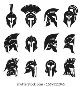 Roman gladiator helmet set. Collection of black silhouettes of ancient headgear of Spartan warriors or soldiers isolated on white background. Vector illustration isolated on white background.